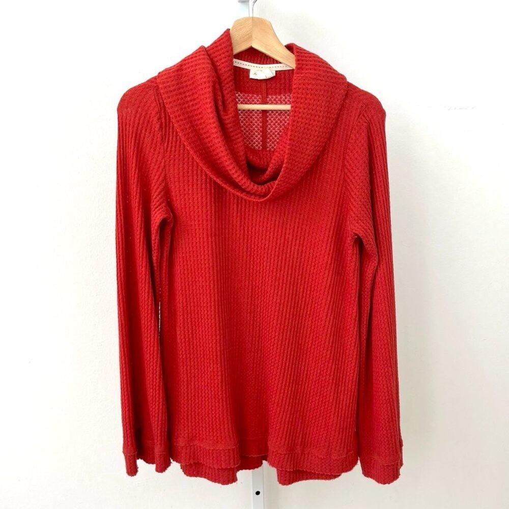 Meadow Rue Anthropologie XS Thermal Cowl Neck Tunic Top Long Sleeve Red Orange